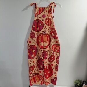 Womens Orange Pumpkin Print Overalls Jumpsuit Dress Tie Shoulder Pockets XL